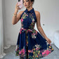 Women's Casual Printed Waist-Cinching Halter-Neck Lace-Up Dress