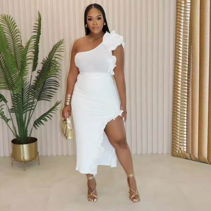 Ensemble robe longue à épaule unique, couleur unie, polyvalent et tendance, pour femme