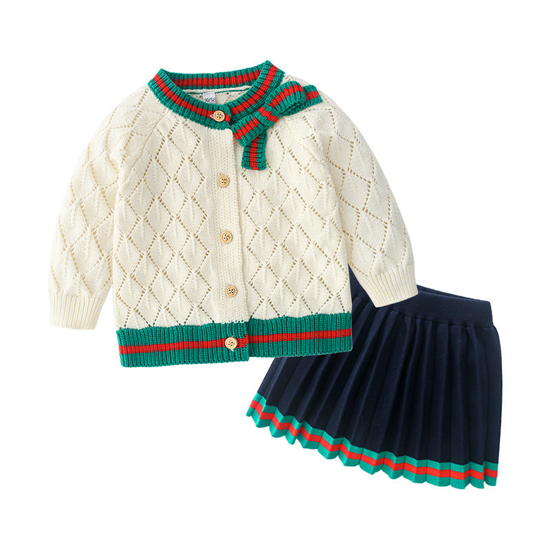 Ensemble cardigan et jupe en coton tricoté pour bébé fille