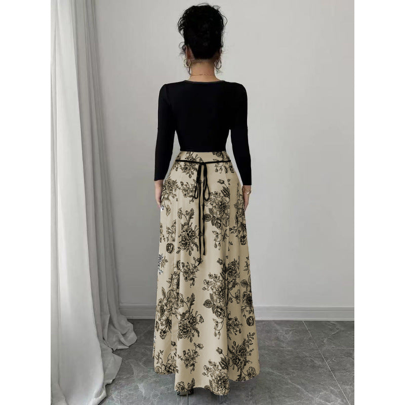 Women's Printed Square-Neck Patchwork Lace-Up Dress
