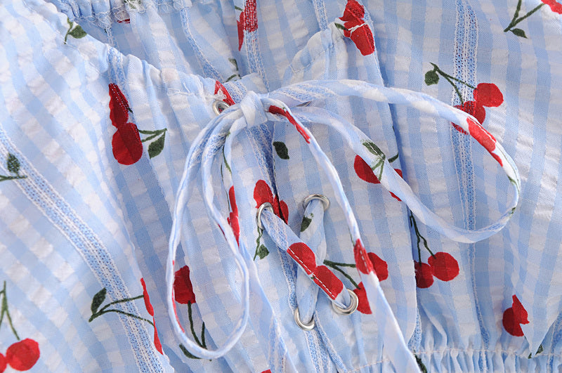 Women's Fashion Cherry Print Plaid Slim Top