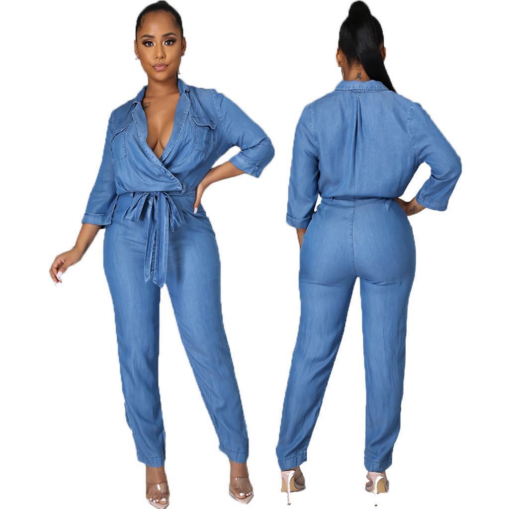 Fashion Denim Long Sleeve Women's Slim Fit Jumpsuit