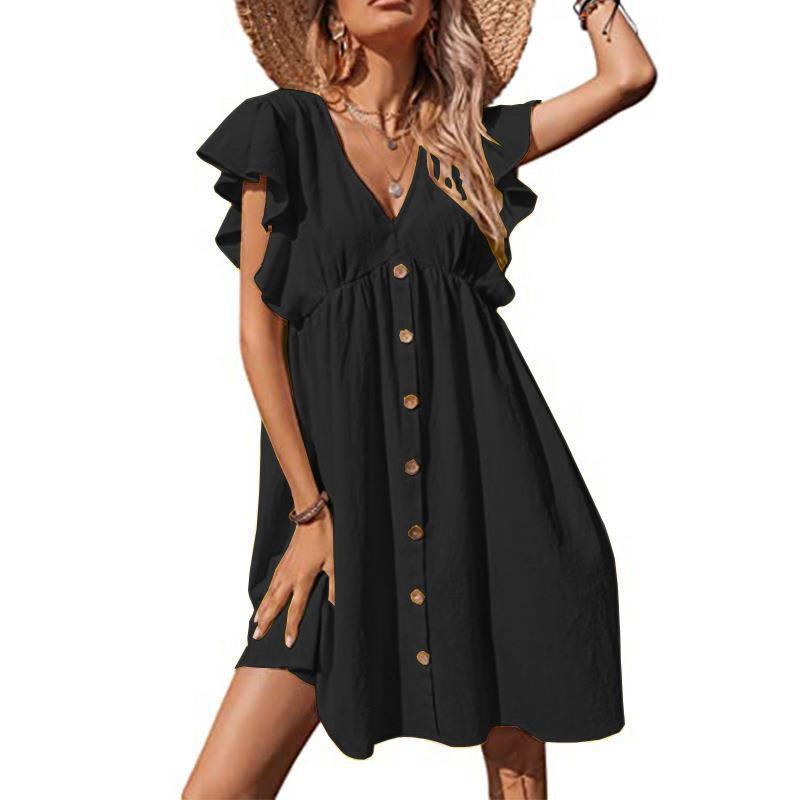 Women's Midi Casual Pleated V-neck Button Plus Size Dress