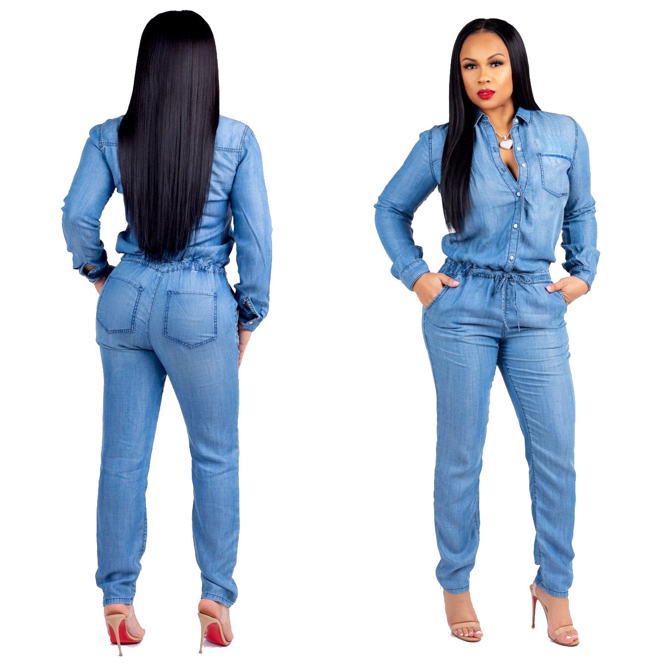 Combinaison slim décontractée en jean à lacets pour femme