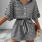 Striped Lapel Cardigan Button Half Sleeve Belt Shorts Suit Jumpsuit