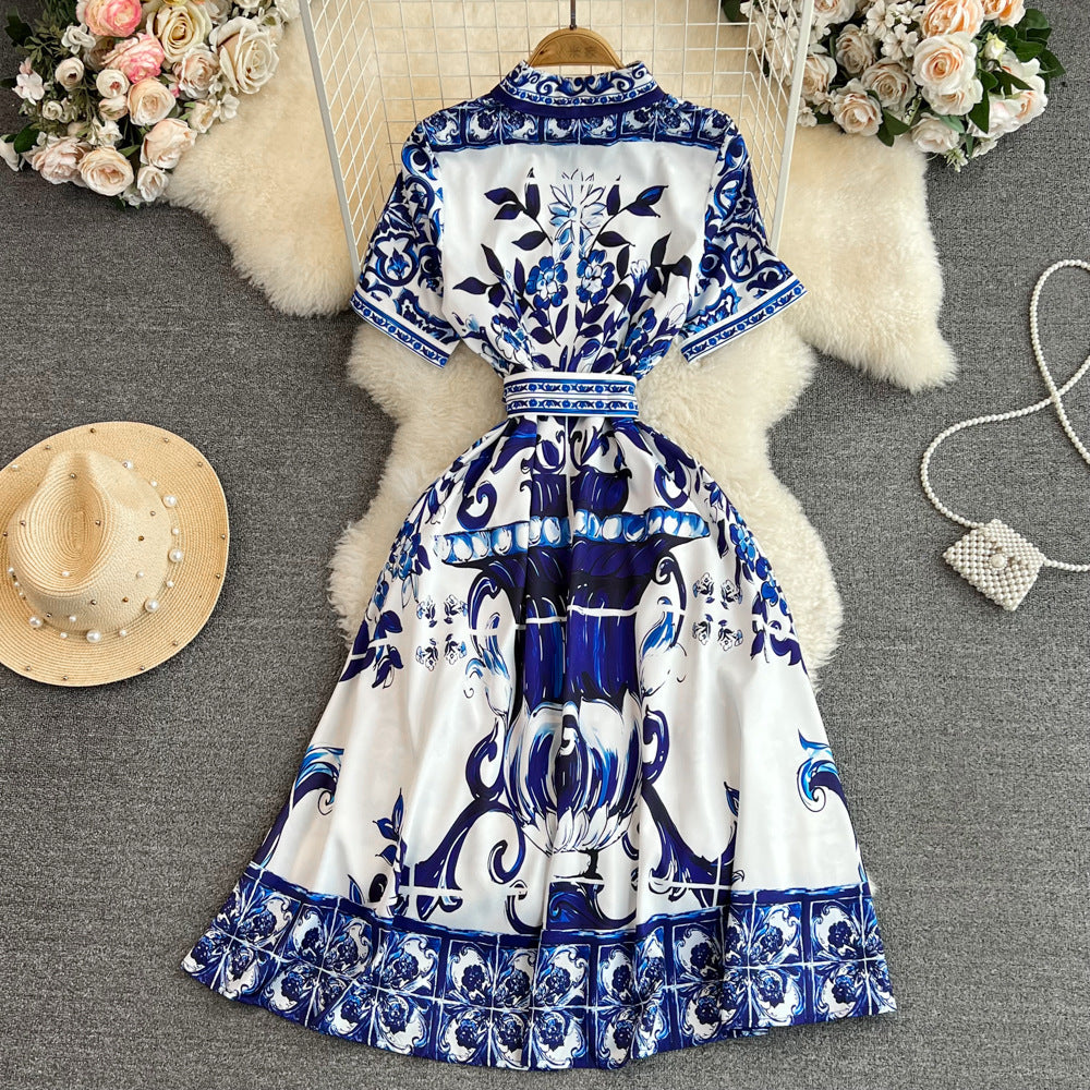 Waist Slimming Single-breasted Celadon Printing A-word Shirt Dress