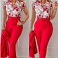 Ensemble haut et pantalon imprimé à manches volantées et ceinture, couleur unie