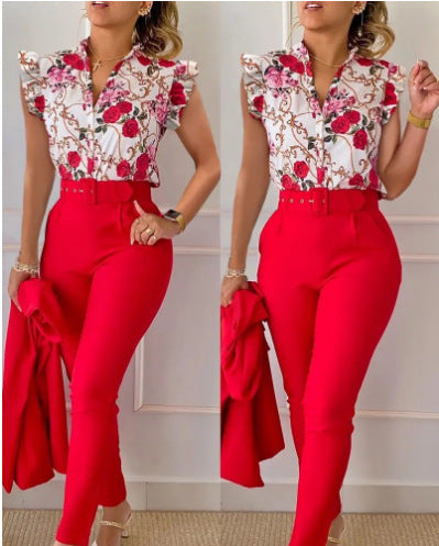 Ensemble haut et pantalon imprimé à manches volantées et ceinture, couleur unie