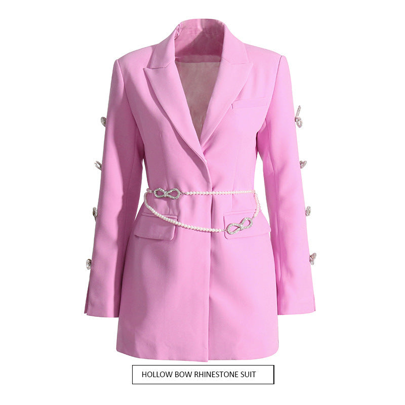 Design Sense Dignified Hollow Bow Rhinestone Sleeve Pearl Belt Business Suit And Dress