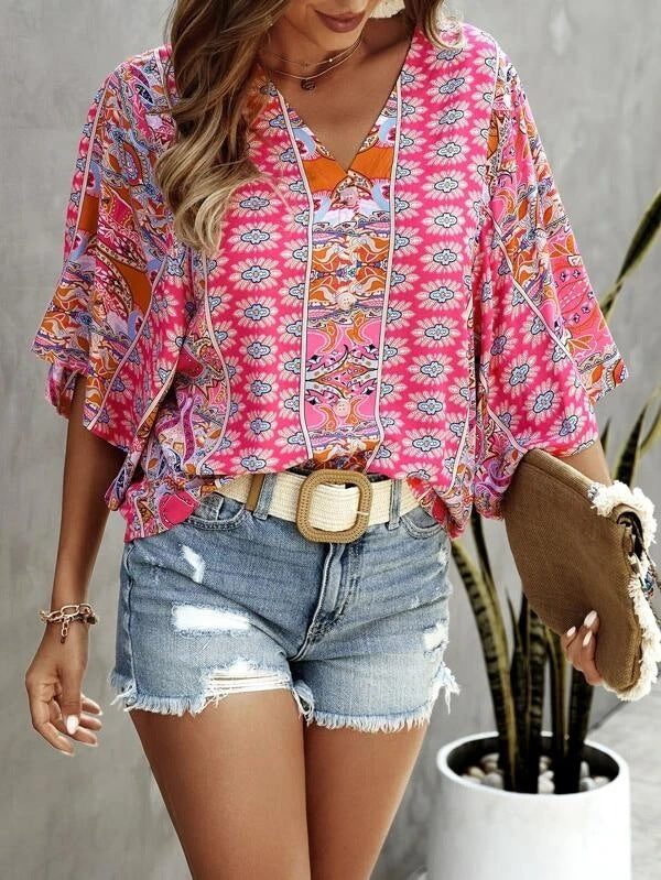 Women's Bohemian Print Button Detail Shirt