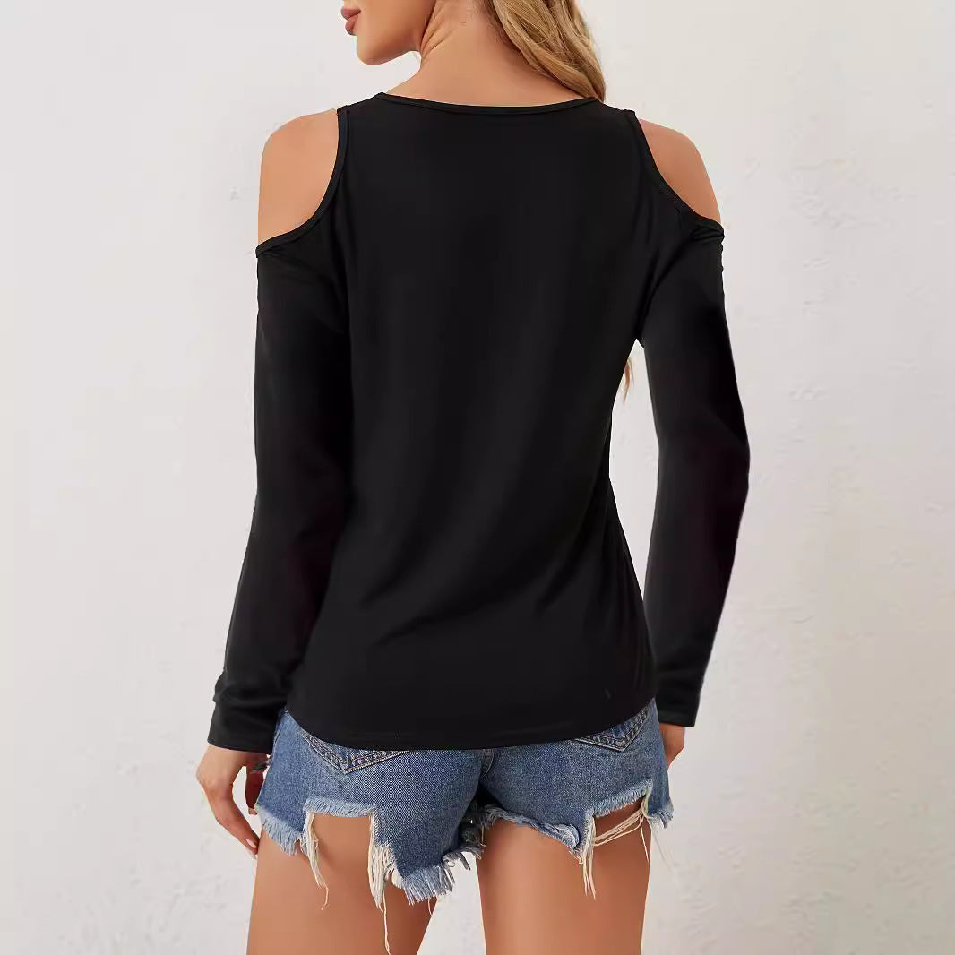 Fashion Hollowed-out Solid Color T-shirt Top Women