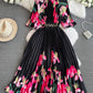 Round Neck Waist Trimming Slimming A- Line Pleated Printed Dress