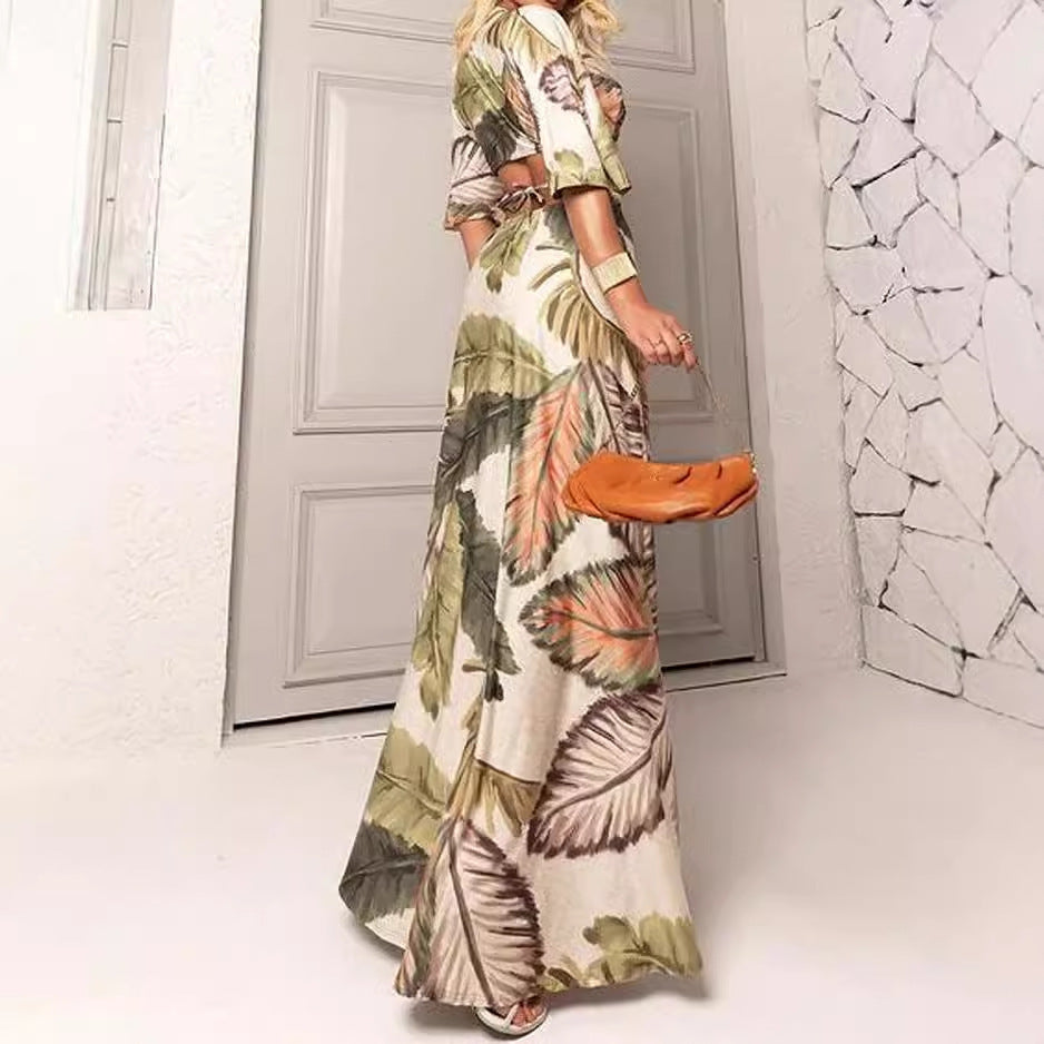 Robe tube à col en V imprimée style décontracté européen et américain