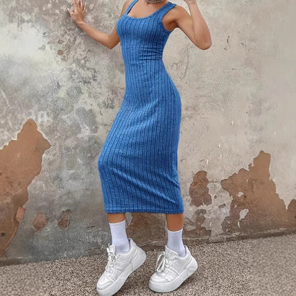 Solid Color Ribbed Matte Vest Style Long Dress Womens Style