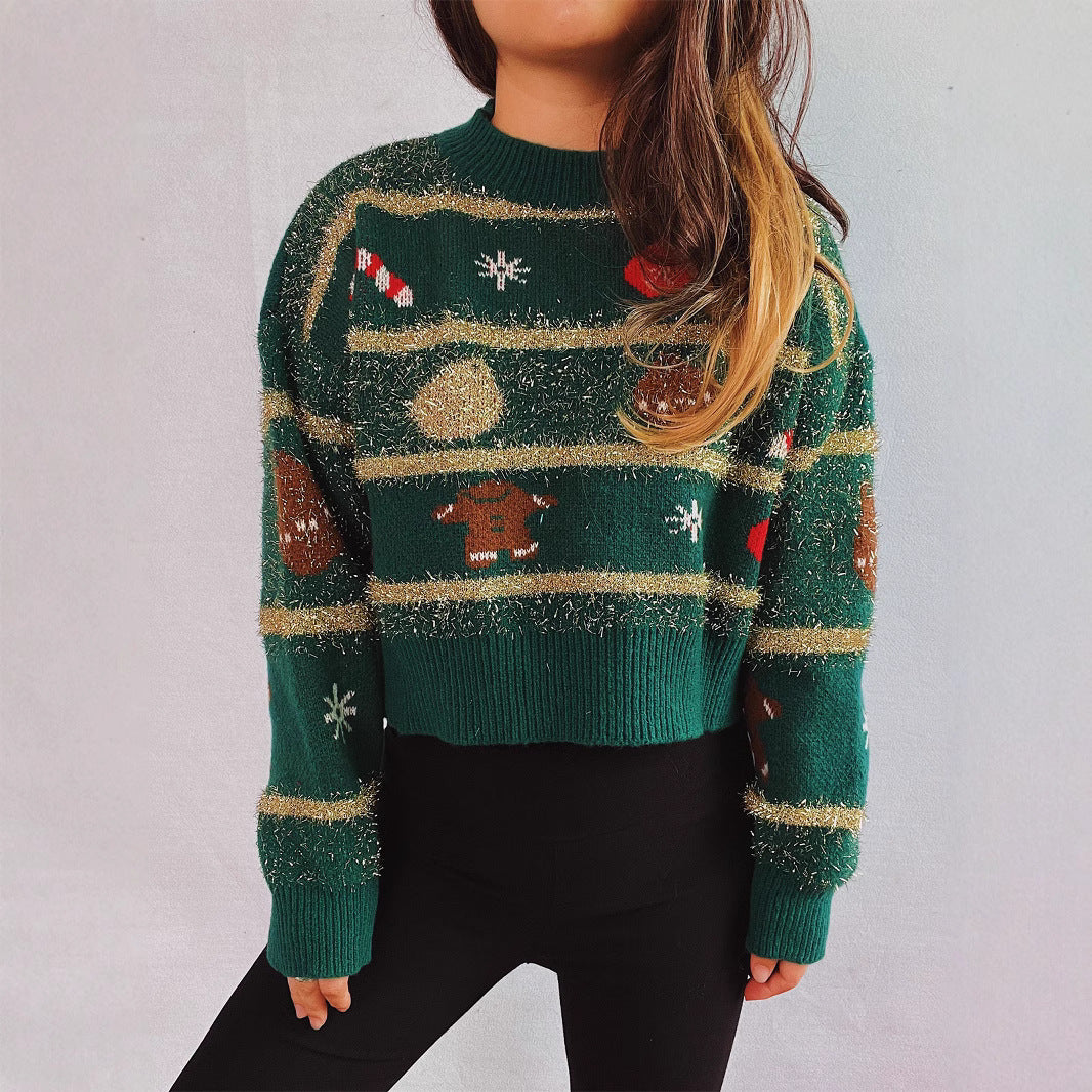 Pull court de Noël vert pour femme