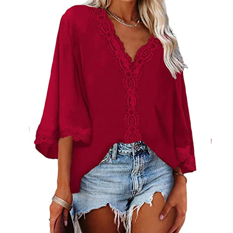 Ladies Bell Sleeve V Neck Lace Shirt
