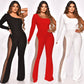 Fashion Mesh Patchwork Drilling Micro-pull Jumpsuit