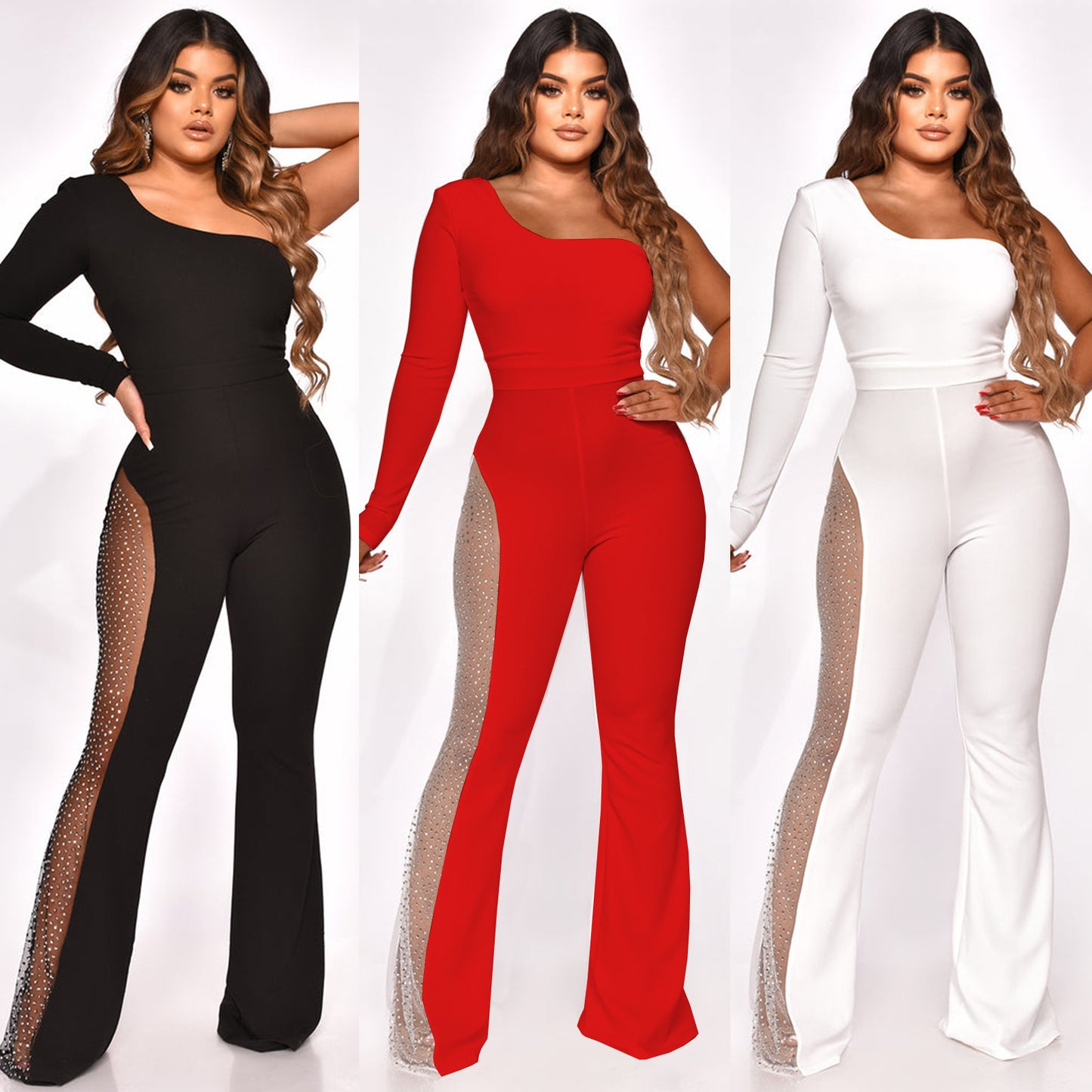 Fashion Mesh Patchwork Drilling Micro-pull Jumpsuit