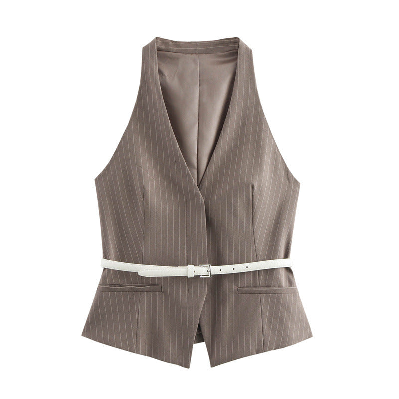 European And American Style Women's Fashion Temperament With Belt Vest Double Belt Pants