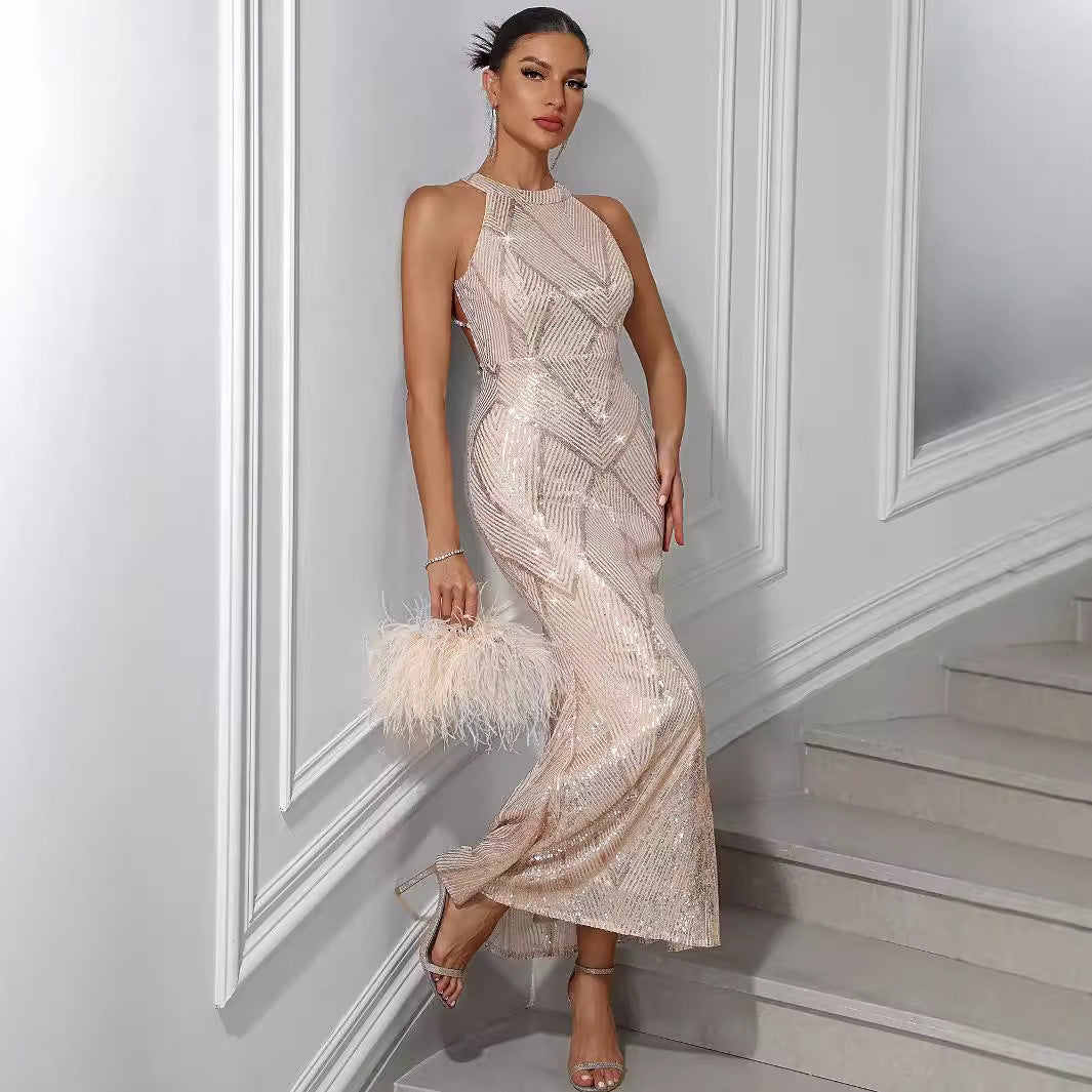 European And American Style Women's Wear Sequins Dress Round Neck Off-shoulder Backless