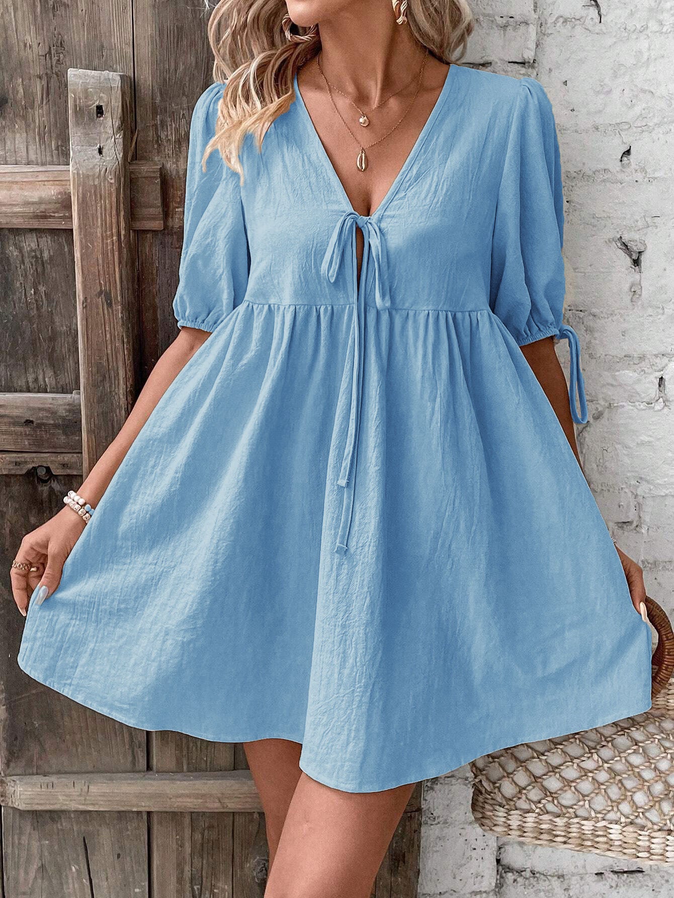 Loose-fit Woven Deep V-neck Designer Tie-front A-line Dress