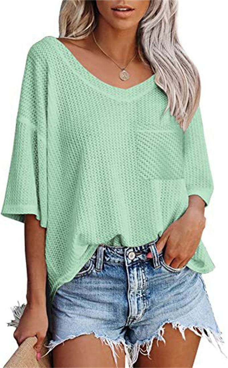 Women's Temperament Fashion V-neck Pocket Short-sleeved T-shirt