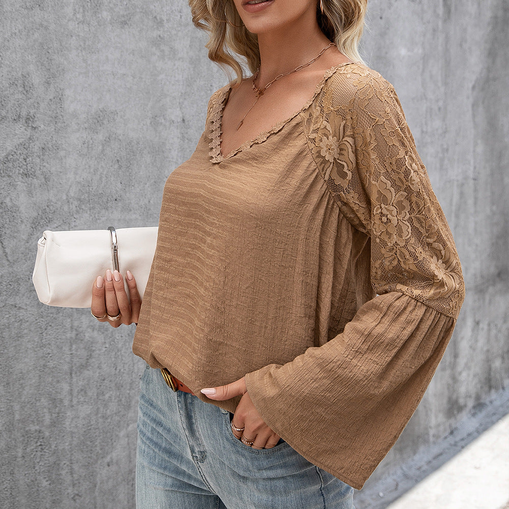 Women's Solid Color Stitching Lace Hollow V-neck