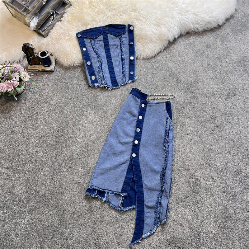 Ensemble jupe courte irrégulière en denim Desire Pure Wind avec haut tube et taille haute