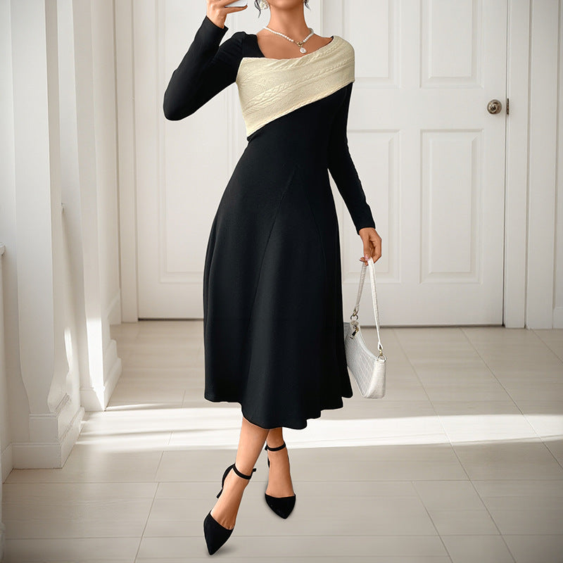 Elegant Waist-controlled Large Hem Type Irregular V-neck Color-matching Dress