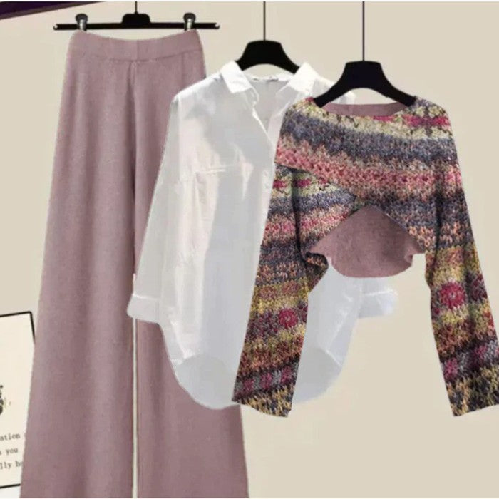 Sweater Shirt Wide Leg Pants Mesh Red Three Piece Set