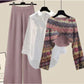 Sweater Shirt Wide Leg Pants Mesh Red Three Piece Set