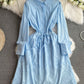 Waist-tight Slimming Lantern Sleeves Shirt Midi Dress