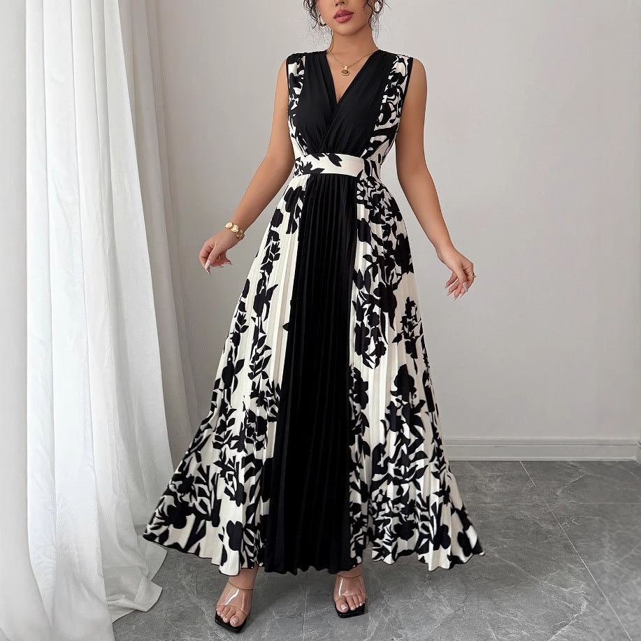 Sleeveless Printed Temperament V-neck Color-block Midi Dress