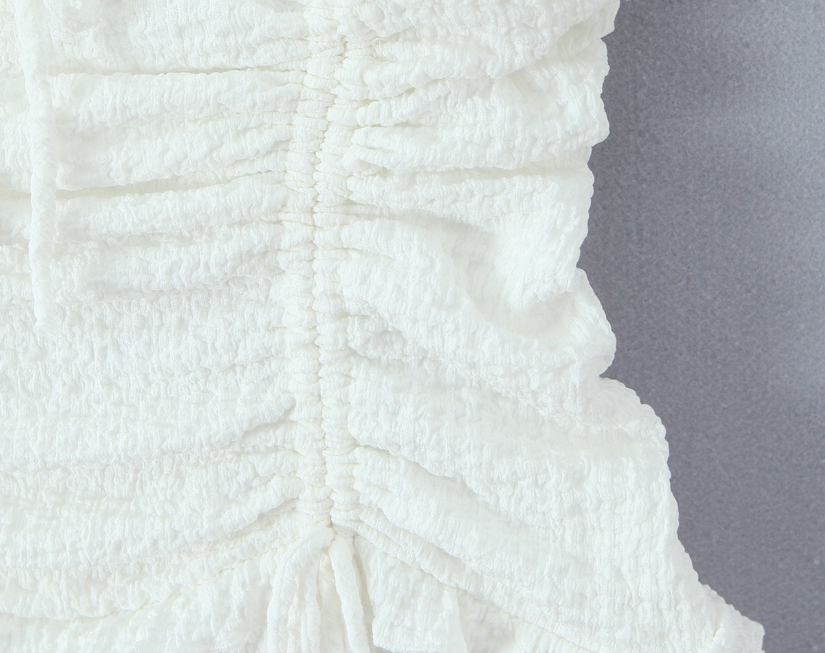 White Puff-Shoulder Ruffle-trimmed Sweet Vest Dress With Drawstring Waist And Pleats