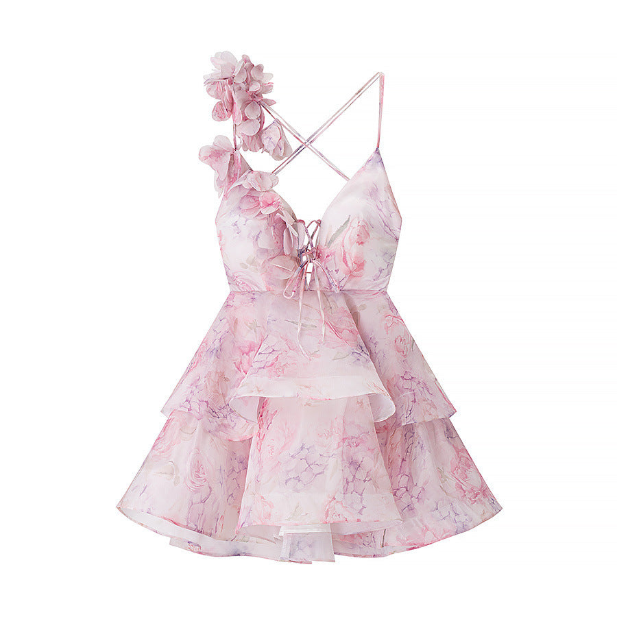 New Summer Three-dimensional Flower Waist Trimming Short Sling Dress