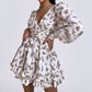 Women's Printed Puff Sleeve Waist Cinching Dress