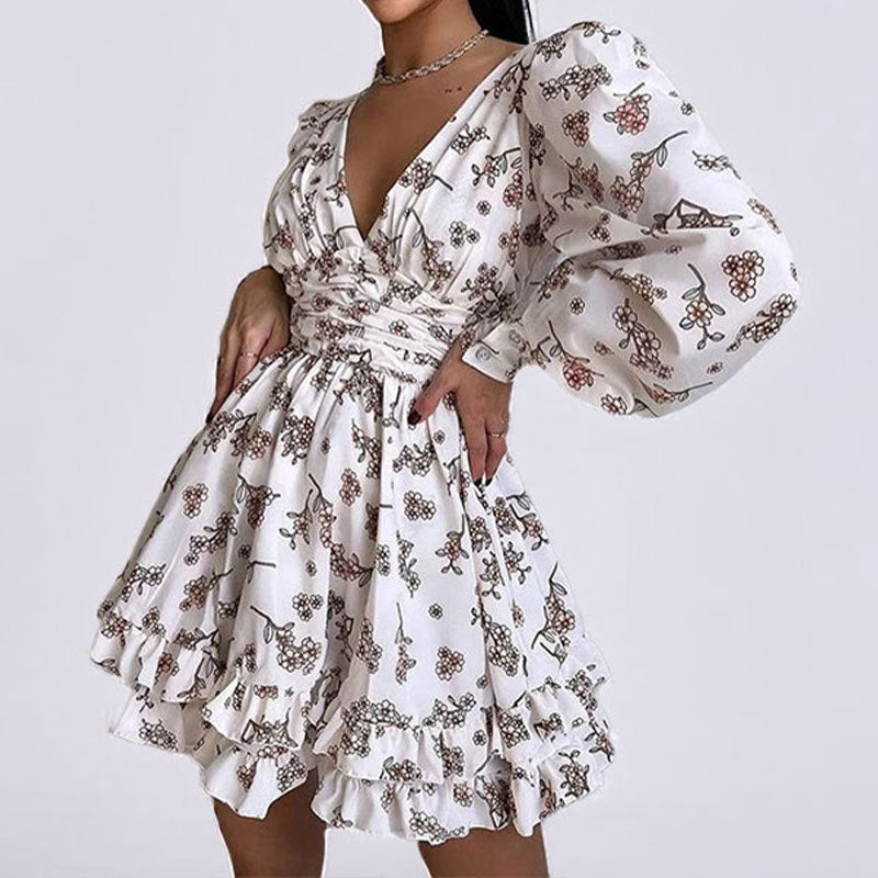 Women's Printed Puff Sleeve Waist Cinching Dress