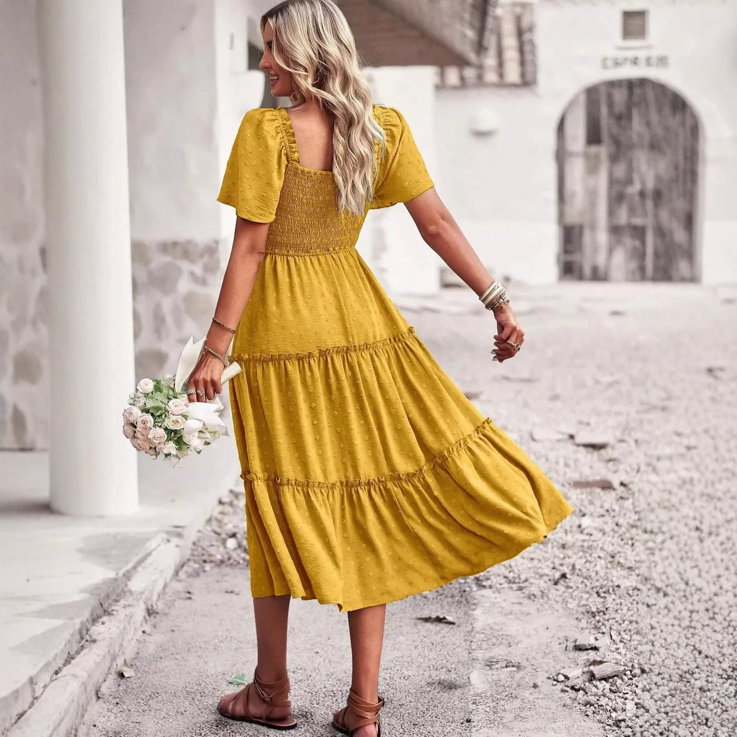 Square Collar Backless Puff Sleeve Pleated Short Sleeves Dress