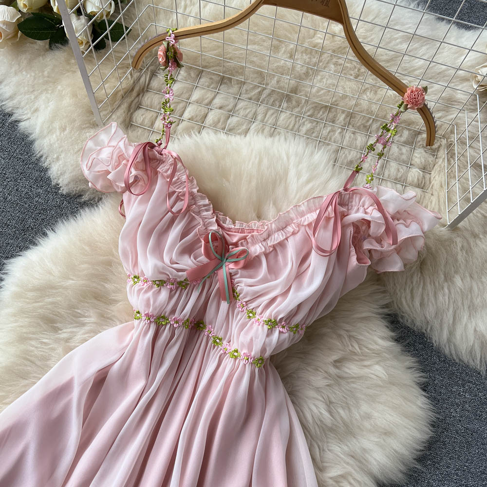Super Fairy Temperament Sweet V-neck Pleated Pleated Skirt