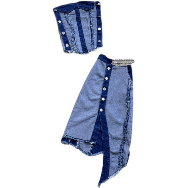 Ensemble jupe courte irrégulière en denim Desire Pure Wind avec haut tube et taille haute