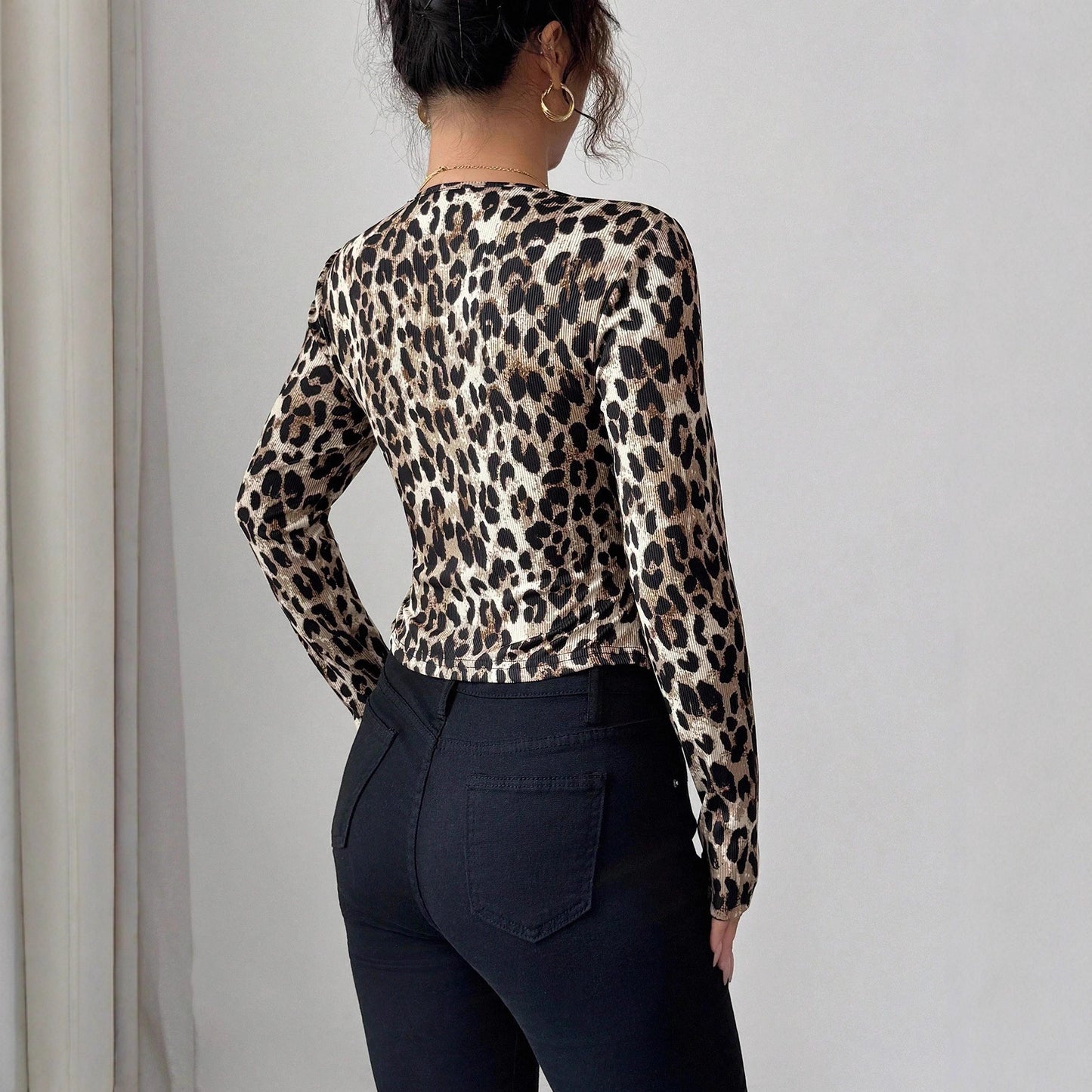 Leopard Print Contrast Color Cardigan T-shirt Long-sleeved Women Blouse