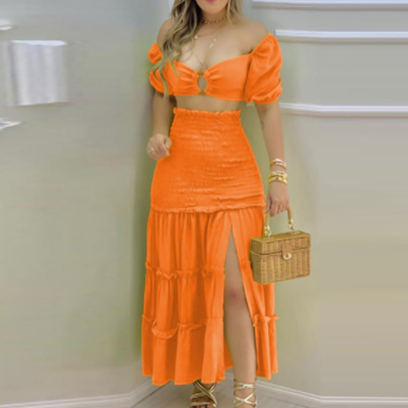 Women's Fashion Printed Split Skirt Two Piece Set