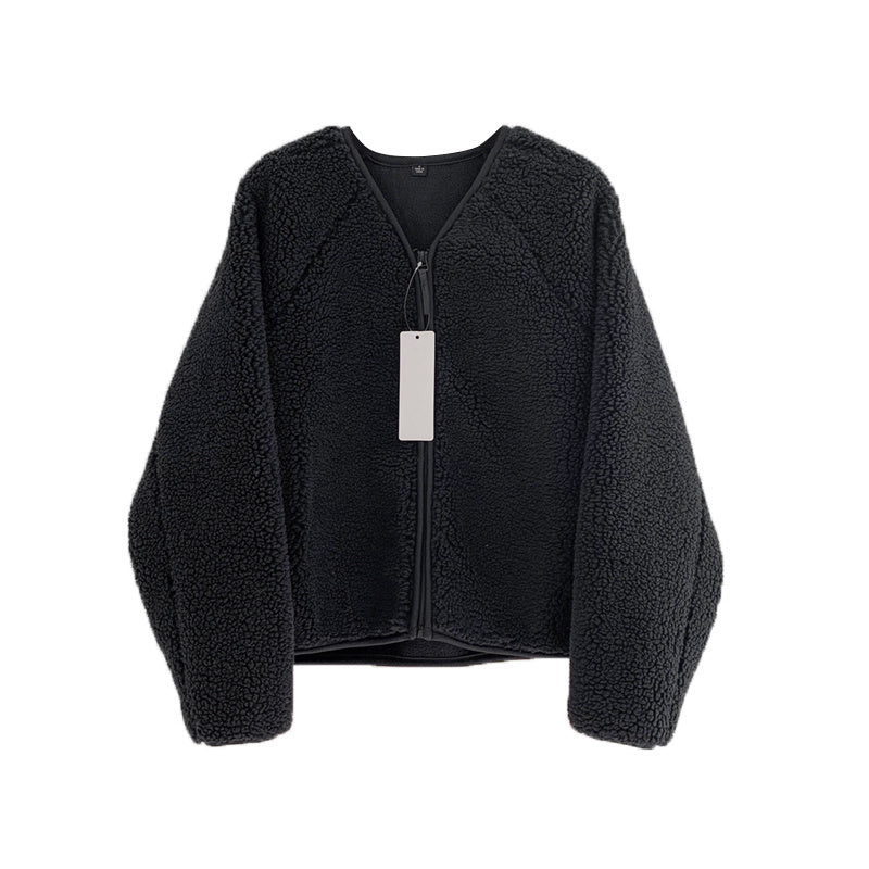 V-Neck Zipper Lamb Fleece Warm Short Coat