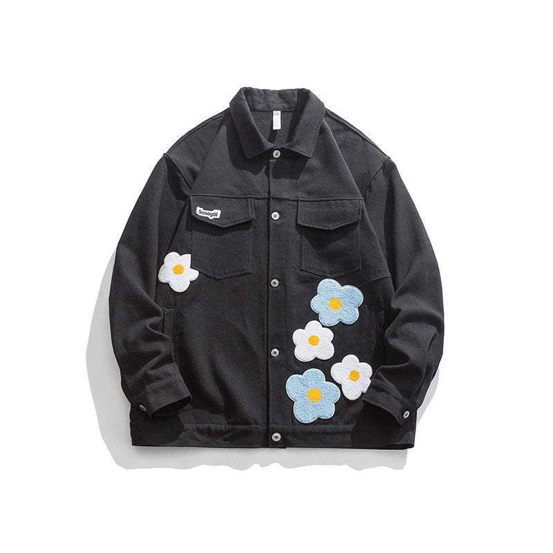 Flower Embroidered Pocket Work Jacket Retro Loose Lapel Jacket Men's