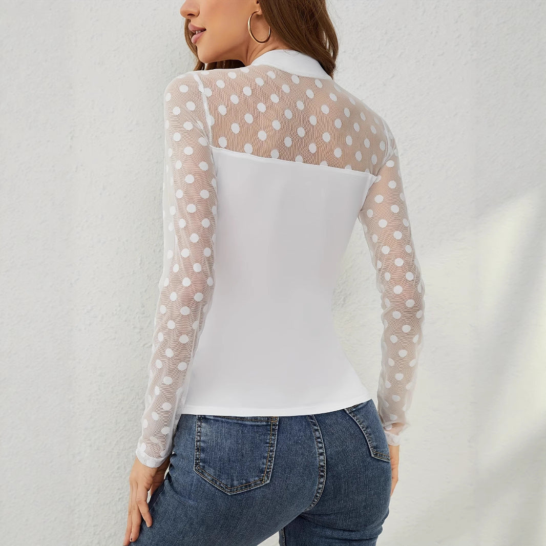 Mesh Dot Patchwork Stand-up Collar Pullover Slimming All-match Women's Long Sleeve