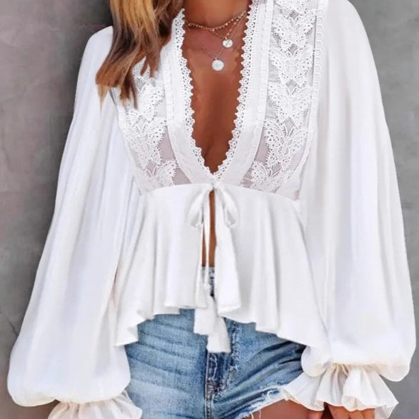 Bow Lace V-neck Long Sleeve Top