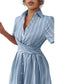 Strap-waisted Striped Shirt-style Short Dress