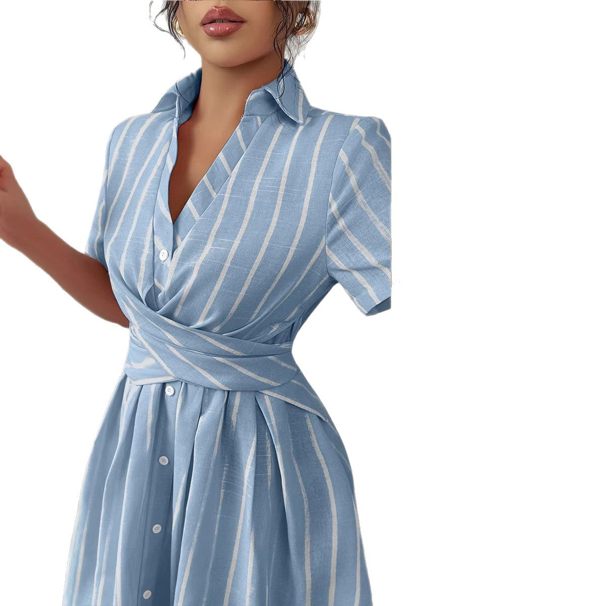 Strap-waisted Striped Shirt-style Short Dress
