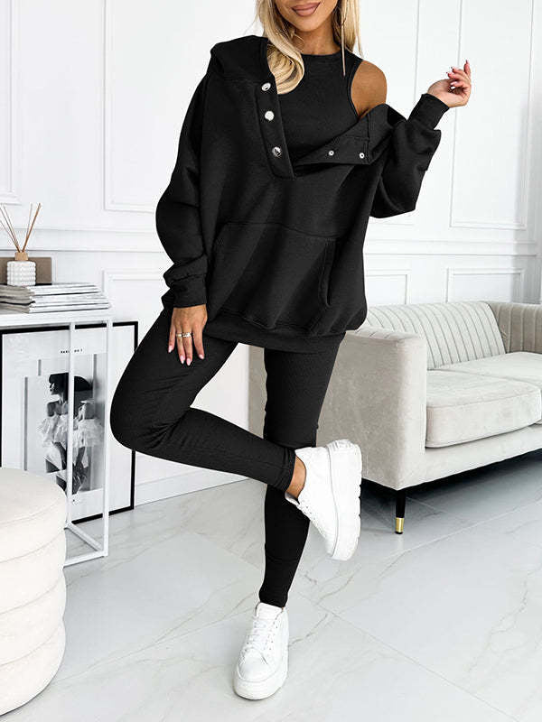 Casual Hooded Sweater Thickened Thread Fitted Vest Pants Three-piece Set