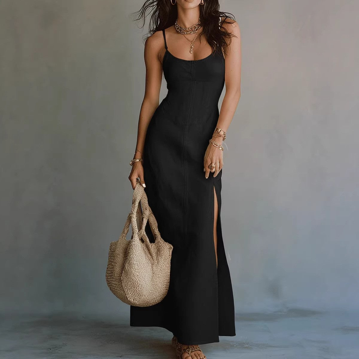 Elegant Casual Split-neck Slip Dress